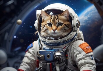 Cute space cat dressed in astronaut suit