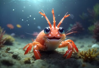 Cute prawn smiling under the sea