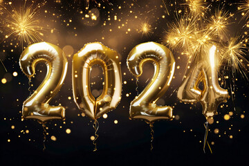 2024 golden foil balloons with golden fireworks display with bokeh on a black background for Christmas and New Year