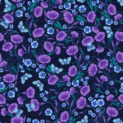 Dark floral seamless pattern of blue, purple and lilac flowers twigs green leaves and flying night moth blooming Morning glory bindweed flowers Hand drawn illustration Textile wallpaper design