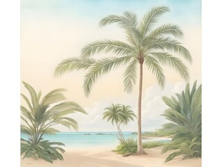 Fototapeta na wymiar watercolor illustration oil painting of green tropical coconut palm trees on the sand sod, digital png, sharp design detailed hair, pastel tetradic, hand-drawn, graphics design, logo style, 2D Style, 
