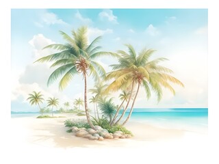 Fototapeta na wymiar watercolor illustration oil painting of green tropical coconut palm trees on the sand sod, digital png, sharp design detailed hair, pastel tetradic, hand-drawn, graphics design, logo style, 2D Style, 