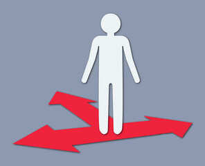 Three-way arrow icon. A man stands on Arrows pointing in different directions. Choice, option, opportunity, split, road, choose, business success concept. Goal setting, choosing alternative path.
