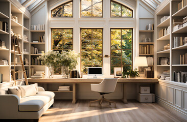 a white home office with a desk and book shelves