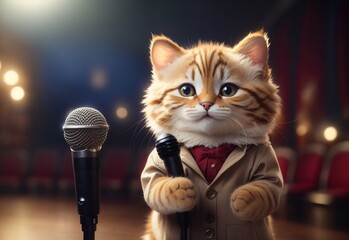 Cute cat smiling holding microphone, theatre background