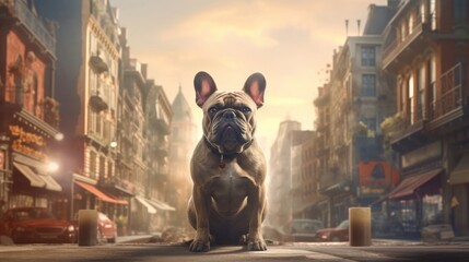 french bulldog, french bulldog on city background, cute dog on city background copy space. Dog picture with free space for advertising print