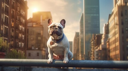 french bulldog, french bulldog on city background, cute dog on city background copy space. Dog...