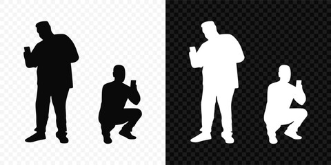 Man filming video on smartphone camera black and white vector silhouette on transparent background