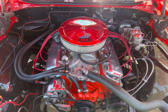 Little Elm, Texas - June 11, 2023: Chevrolet Corvette engine at auto show.