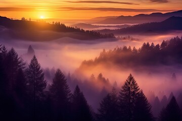 Colored sunrise in forested mountain slope and mist during autumn
