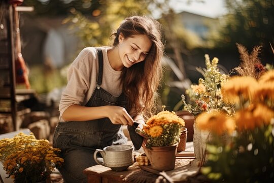 Young woman gardening in fall seson