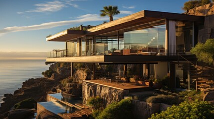 Obraz premium Modernist residence perched atop a cliff, overlooking the vast expanse of the ocean. 