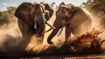 Beautiful African big elephants frolic. 