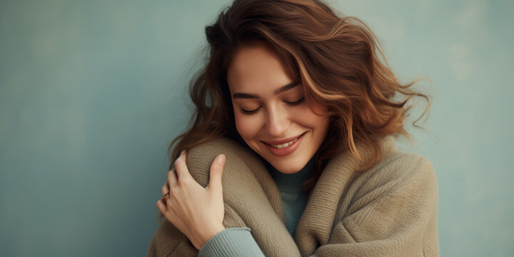 Female embracing and hugging herself.