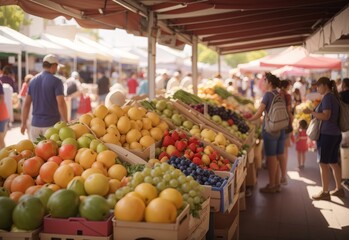 Fototapeta na wymiar Bustling Farmers Market Featuring a Variety of Fresh Fruits