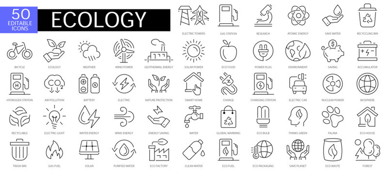 Ecology thin line icons set.editable stroke web icons.Renewable energy outline icons collection. Solar panel, recycle, eco, bio, power, water - stock vector.