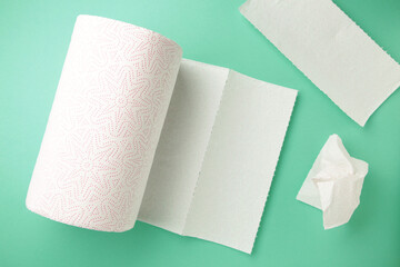 Roll paper towels on on mint background