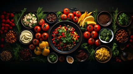 Top view over food banquet bright background