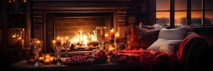 Christmas decorations and a fireplace, generative ai