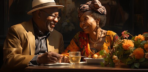 Happy black elderly couple, generative ai