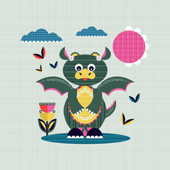 Funny dragon. The children's illustration is made of geometric shapes. Symbol of the year. Bright vector design for cover, background, banner, poster, packaging, postcard and much more.