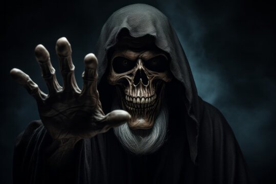 Death or Grim reaper reaches out to the person and approaches. The concept of fears and phobias. Halloween concept.