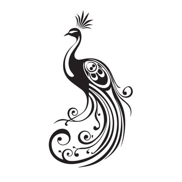 Peacock in logo, icon style. 2d cute vector illustration in cartoon, doodle style. Black and white