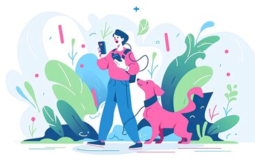 Cute happy young person with their dog expressive vector illustration made with Generative AI 