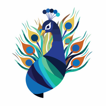 Peacock in logo, icon style. 2d cute vector illustration in cartoon, doodle style.