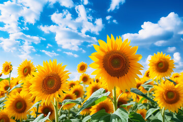 Fototapeta premium A field of sunflowers on a cloudy blue sky close up