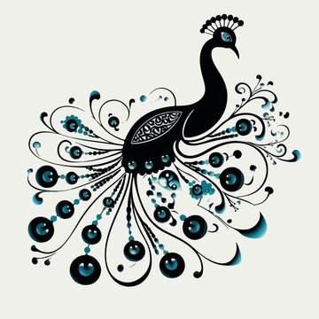 Peacock in logo, icon style. 2d cute vector illustration in cartoon, doodle style. Black and white