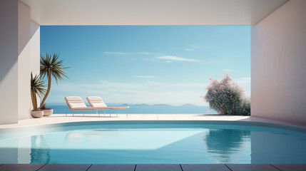 Fototapeta na wymiar A serene and calm poolcore scene, featuring a minimalistic design. This image encapsulates the tranquility of poolside moments, evoking a sense of peace and relaxation.