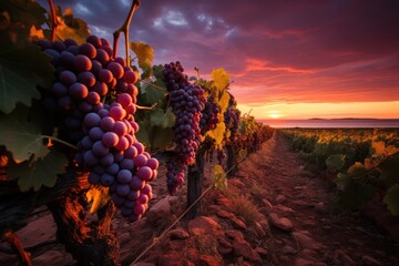 Nature's Canvas Unveiled: Rows of Grapevines Beneath the Rich Hues of a Deep Purple Sky After Sunset
