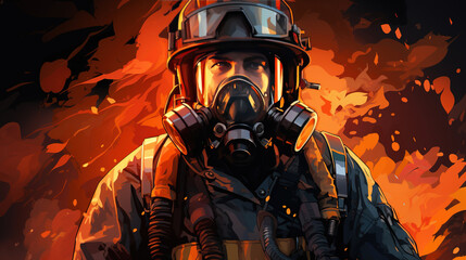 A firefighter holding an oxygen mask with fire background