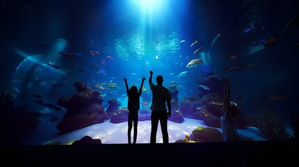 Underwater family. Happy family in aquarium.