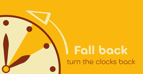 Daylight Saving Time ends, banner. Graphic minimalist clock with turning clock hands to winter time. Fall backward concept. Vector illustration
