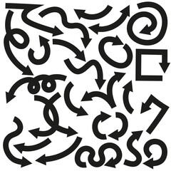 Collection of various black arrows on a white background. Hand drawn curved and swirling arrows for digital app design. Set of vector flat directional signs in doodle style. Vector illustration
