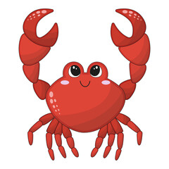 Vector illustration of cartoon cute happy crab for design element. Funny sea animal on a white background.