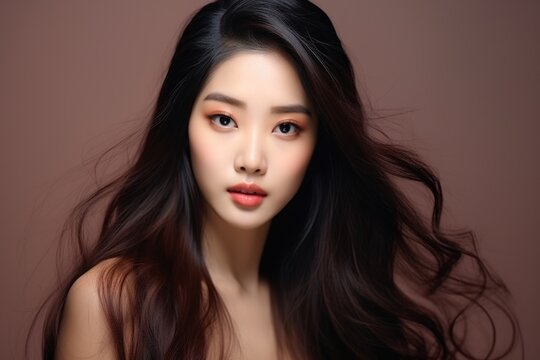 Beautiful asian woman with long red curly hair on black background Generative AI.