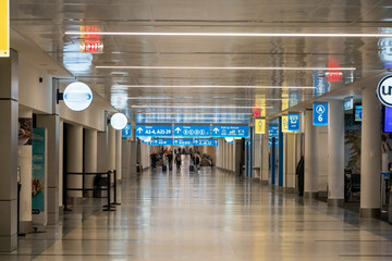 renovated new airport concourse hallway and bathrooms and shops