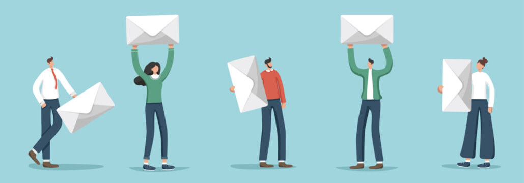 A set of illustrations of random people with envelopes or letters. Information concept, working business correspondence of company employees, communication by e-mail, sending messages.
