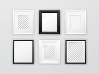 Composition of various black and white frames hanging on the wall. Horizontal rectangular frame template with glass, passe-partout and empty space for photo, image or poster. Realistic vector mockup