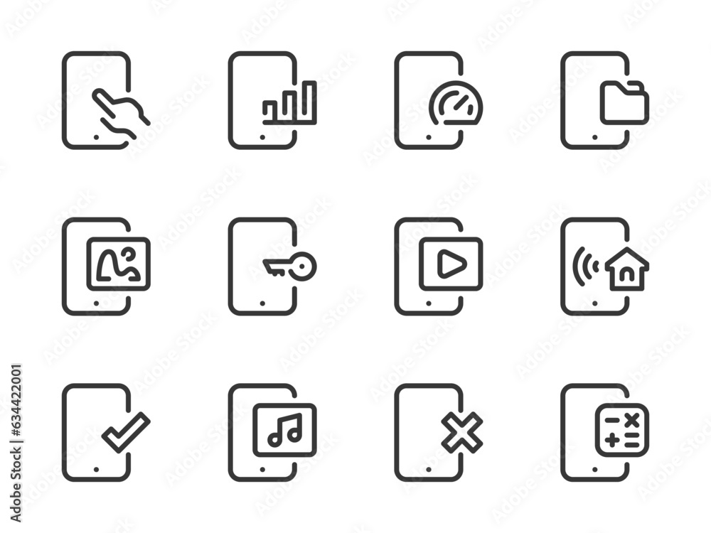 Poster mobile phone applications and services vector line icons. smartphone preferences outline icon set. p