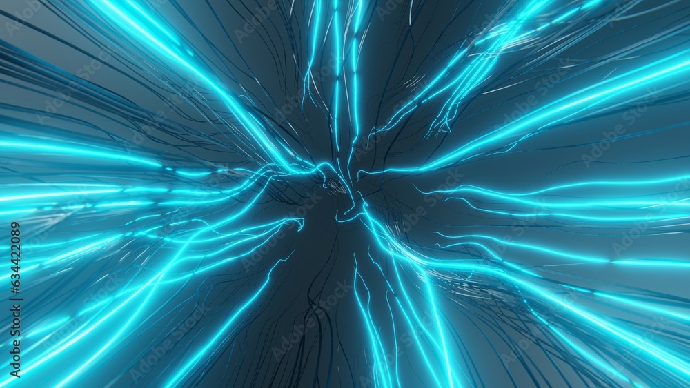 Poster abstract 3d neon background. flying through lightning tunnel. blue energy electricity cables. stream