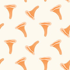 Seamless pattern of doodle chanterelle mushrooms on isolated background. Hand drawn background for Autumn harvest holiday, Thanksgiving, Halloween, seasonal, textile, scrapbooking, paper crafts.