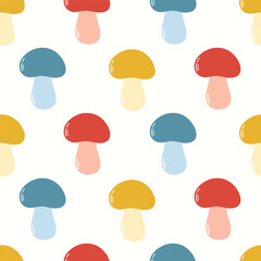 Seamless pattern of doodle boletus mushrooms on isolated background. Hand drawn background for Autumn harvest holiday, Thanksgiving, Halloween, seasonal, textile, scrapbooking, paper crafts.