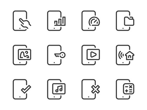 Mobile Phone Applications and Services vector line icons. Smartphone Preferences outline icon set. Photo, Video, Audio, Report, Access, Files and more.