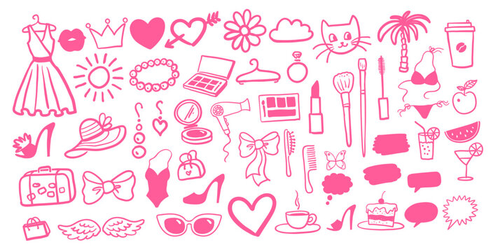 Vector illustration set of beauty and fashion isolated pink doodles