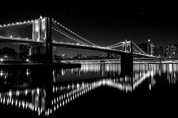 Fototapeten Brooklyn Bridge at night in lights. Black and white landscape of New York. Generative AI © Alesia
