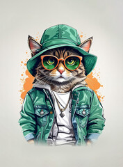 Cartoon Illustration of cat. An animal dressed up in denim jacket, cap and sunglasses.